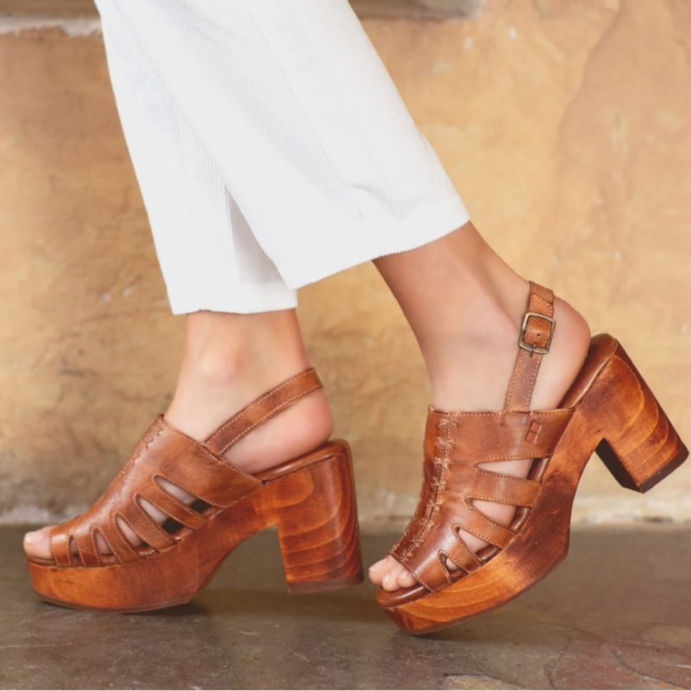 New Free People Bed Stu Tan Leather Platform Sandals Slingback Heels Clogs Sz 8